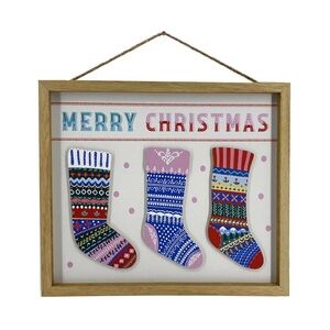 Rustic Wood Frame Christmas Stocking Wall Sign Decor 14” x 11” NWT